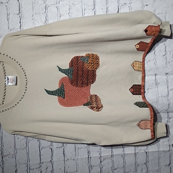 Vintage Jerzees Upcycled Fall Pumpkin Sweatshirt Halloween Embroidered Applique - Picture 1 of 4